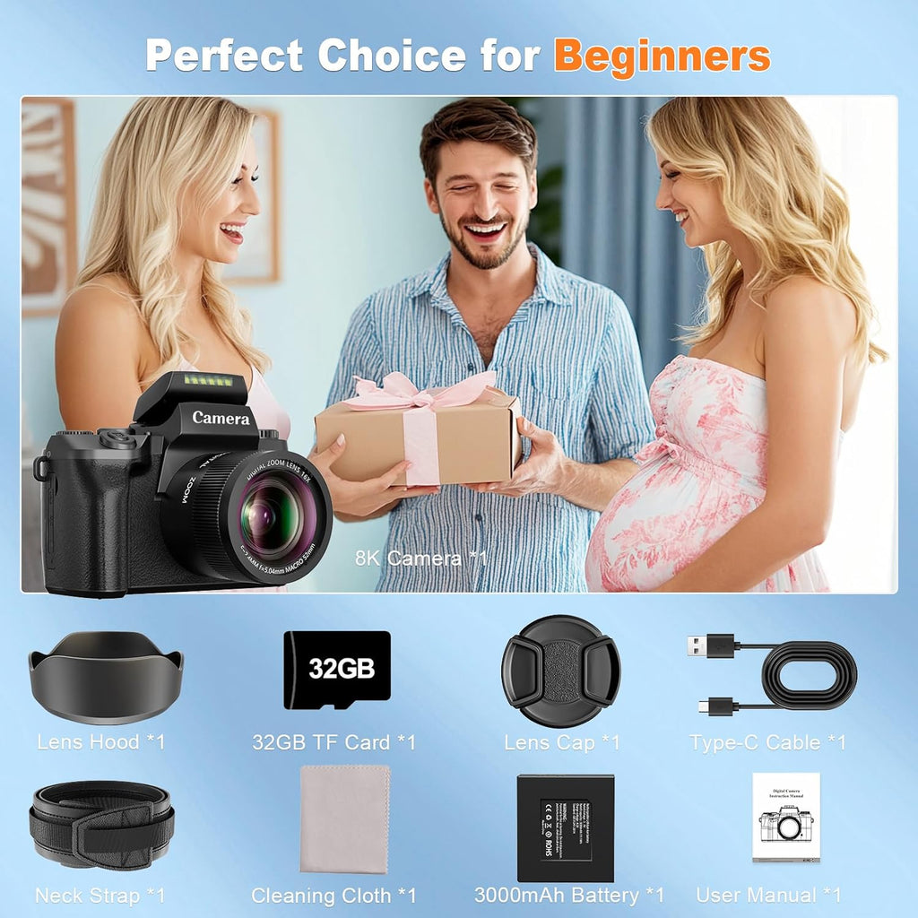 8K Digital Camera for Photography,64MP WiFi Dual-Lens Vlogging Camera for YouTube with 16X Digital Zoom,Flash,Touch Screen,32GB TF Card,Lens Hood,HDMI Output & 3000mAH Battery(Black)