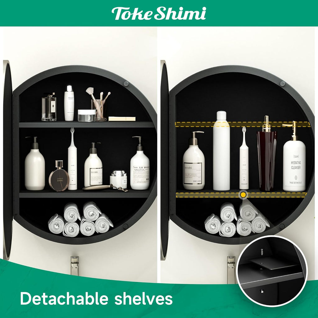 TokeShimi 24 x 24 Round Medicine Cabinet for Bathroom, Brushed Nickel Circle Medicine Cabinet Mirror Shatterproof with Stainless Steel Metal Frame, Detachable Shelves, Wall Mounted Only