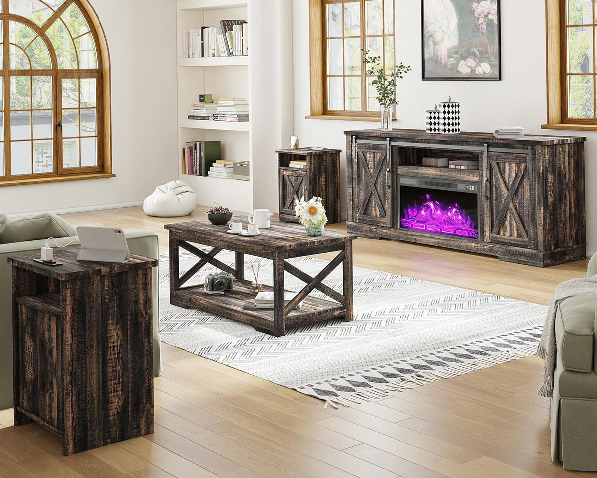 AMERLIFE 5-Piece Farmhouse Table Set Includes Fireplace TV Stand, Coffee Table& Two End Tables with Charging Station and USB Ports, for Living Room, Dark Oak, 63"