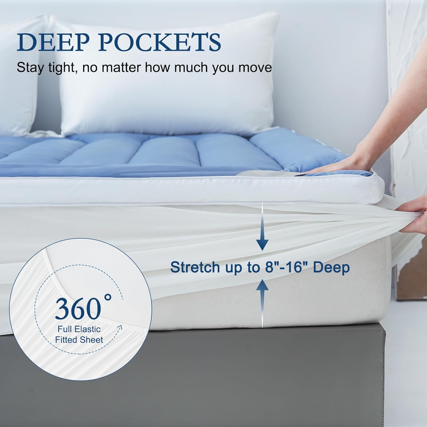 YOUR MOON Queen Size Cooling Mattress Topper, Cool Mattress Pad for Hot Sleepers, Quilted Bed Topper for 8''-16'' Deep Pocket, Soft Thick Pillow Top Pad Cover for Back Pain Relief, 1000GSM (Blue)