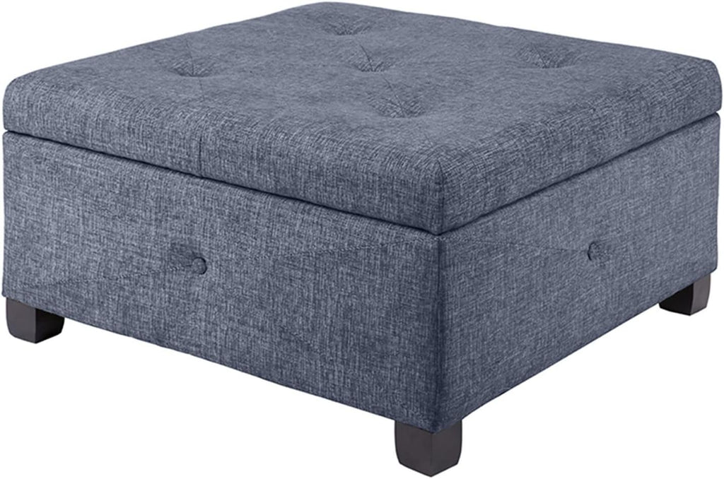 Madison Park Aspen Square Storage Ottoman Bench, Upholstered Textured Fabric Button Tufted Chest with Solid Wood Legs, Accent Furniture for Bedroom Décor, Blue