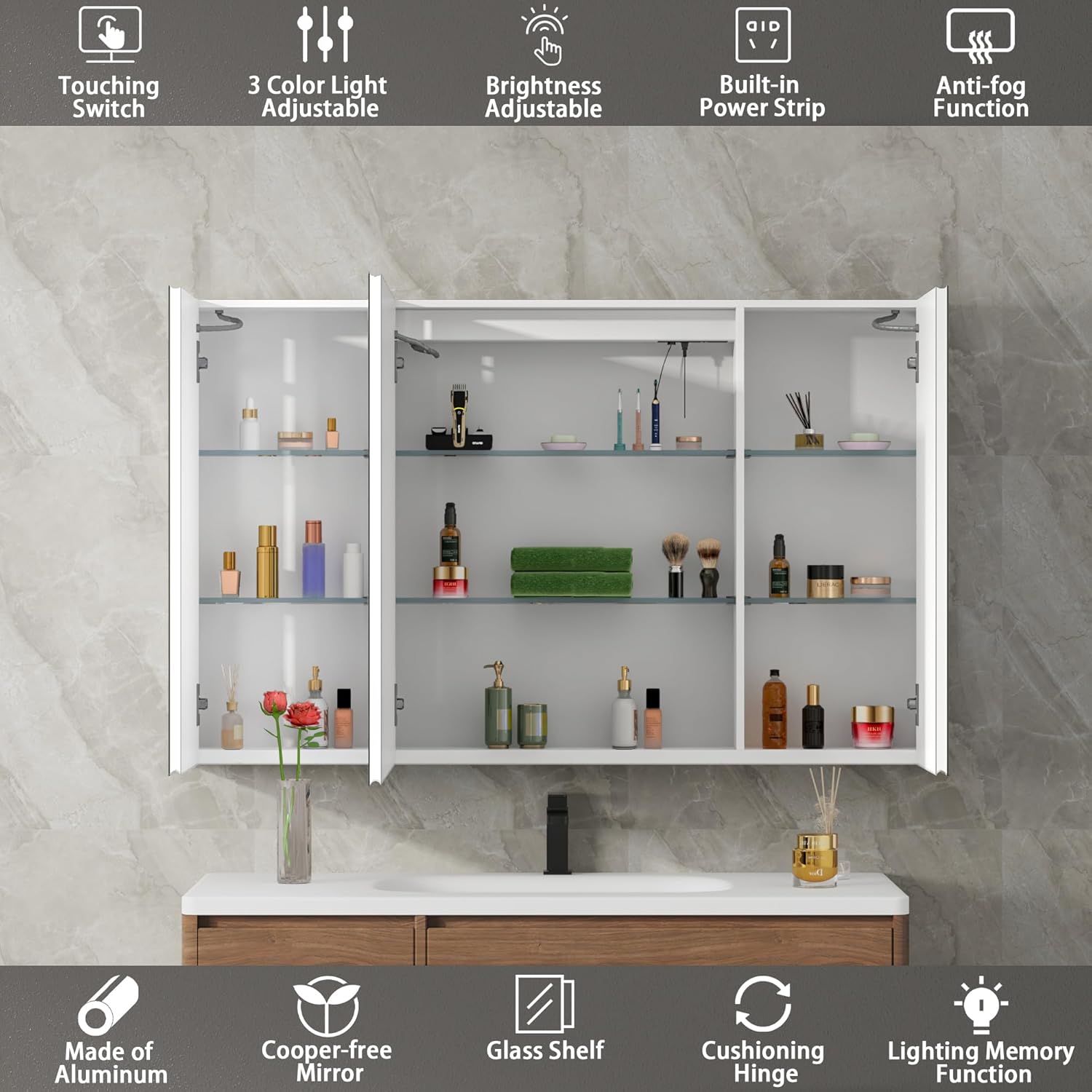 DEYGIA LED Medicine Cabinet with Mirror for Bathroom, Assembly-Free Lighted Medicine Cabinet, Defog, Stepless Dimming, 3 Colors, 2 Outlets, 2USB, Aluminum Wall Mounted Mirrored Cabinets, 40”Wx24“H