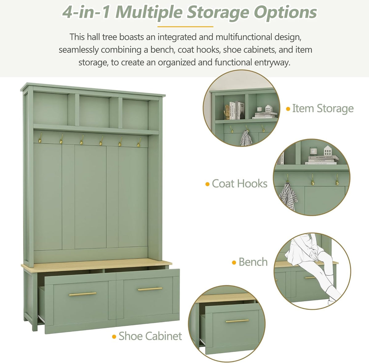 LUMISOL Mudroom Coat Rack with 2 Drawers, Entryway Hall Tree with Storage Bench, Mint Green