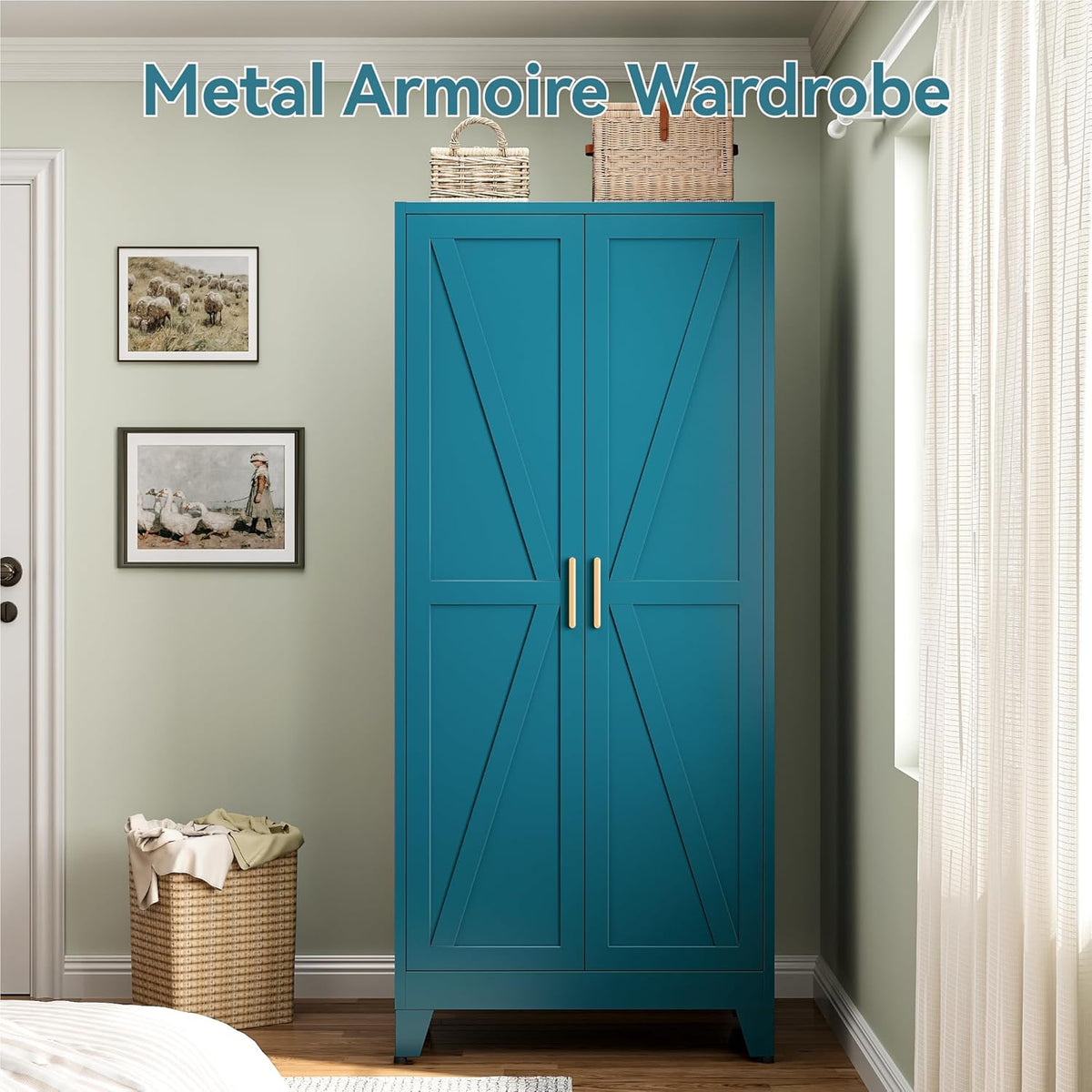 Metal Combination Cabinet, Utility Storage Cabinet with 4 Shelves, Farmhouse Pantry Closet with Doors, 71" Tall Storage Cabinets with Hanging Rod and Clothing Shelf for Bedroom Closet Laundry Mudroom