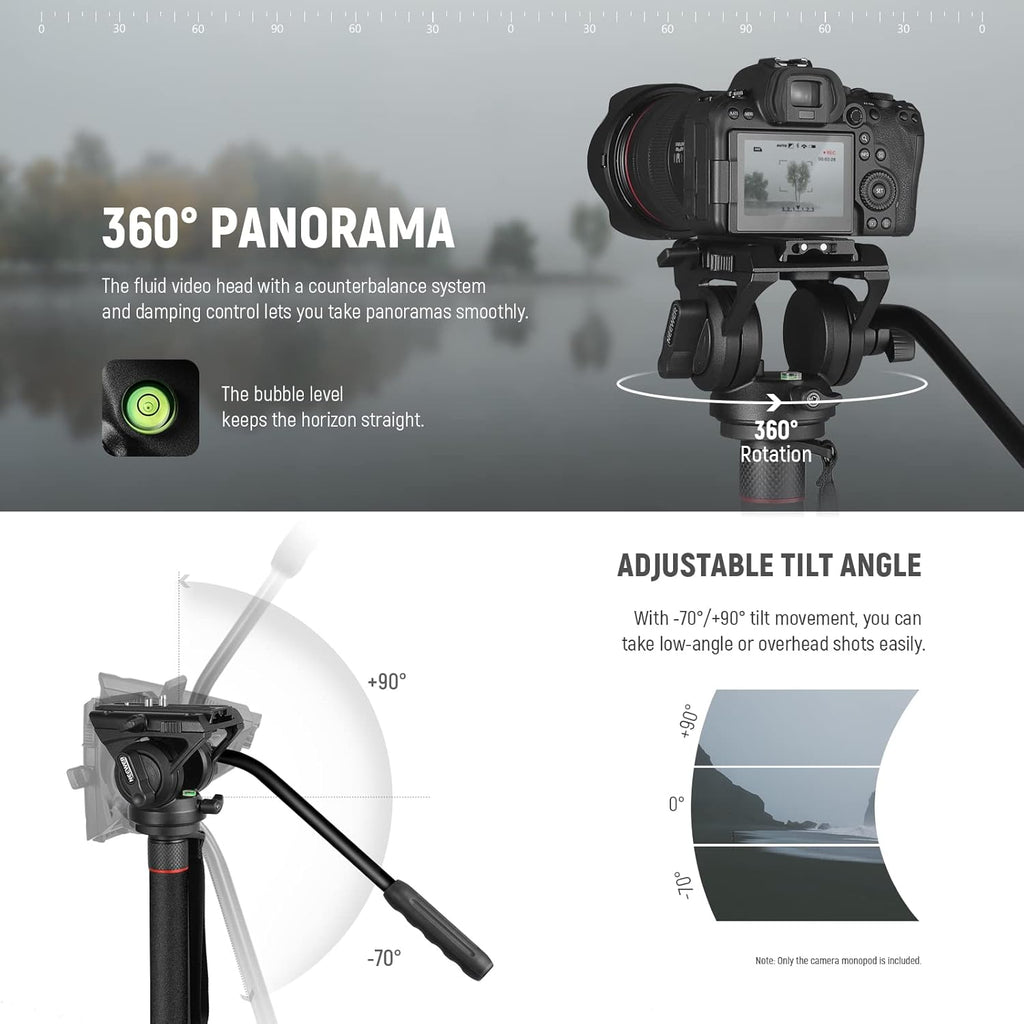 NEEWER Professional Camera Monopod with Feet, 70.5"/179cm Telescopic Portable Aluminum Travel Monopod with Pan Tilt Fluid Head and Removable Tripod Base for DSLR Camera Camcorder, Max Load 13.2lb/6Kg