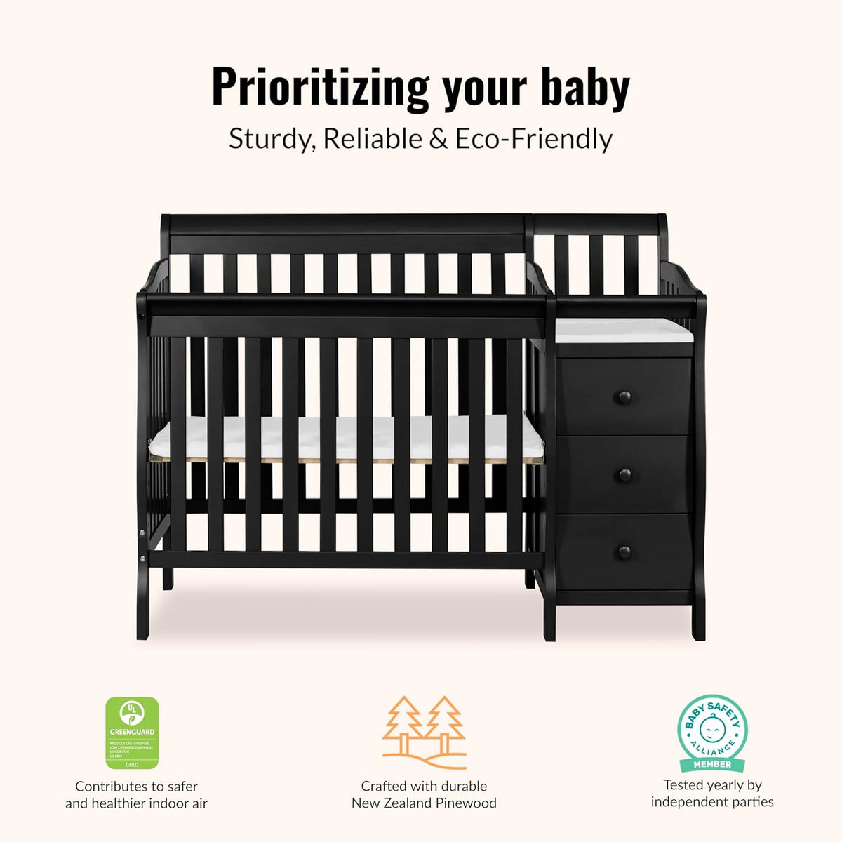 Dream On Me Jayden 4‑in‑1 Mini Convertible Baby Crib & Changer with Storage in Black, Pinewood, GreenGuard Gold & BSA, 1” Mattress Pad, 3 Mattress Heights, Converts to Mini Day & Twin-Size Bed