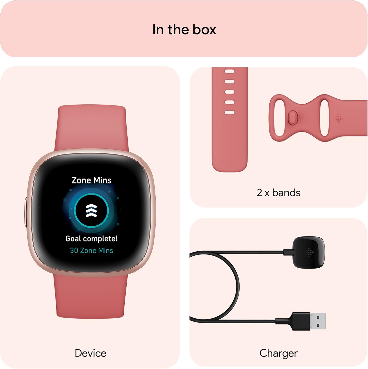 Fitbit Versa 4 Fitness Smartwatch with Daily Readiness, GPS, 24/7 Heart Rate, 40+ Exercise Modes, Sleep Tracking and more, Pink Sand/Copper Rose, One Size (S & L Bands Included)