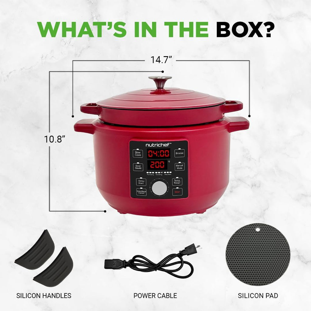 Nutrichef 6 Quart Electric Dutch Oven | 1500W 5-in-1 Enamel Coated Cast Iron Pot with Stainless Steel Lid | Precise Temperature Control | Includes 2 Silicone Pot Holders & Heat Resistant Pad | Red