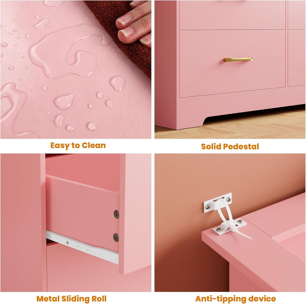 Garvee 9 Drawer Dresser for Bedroom - 65” Wide Chest of Drawers with LED Light and Charging Station, Modern Large TV Stand Cabinet Organizer with Open Shelf for Living Room, Entryway, Hallway, Pink