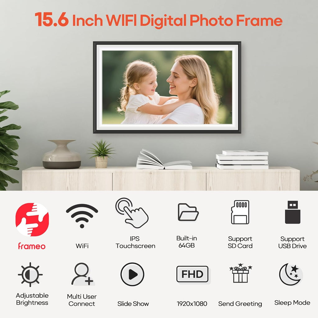 BIGASUO Digital Picture Frame Frameo 15.6" WiFi Electronic Photo Frames Large with 64GB Memory 1920x1080 IPS FHD Touch Screen Share Moments Instantly Anywhere Photo Gifts for Parents and Grandparents