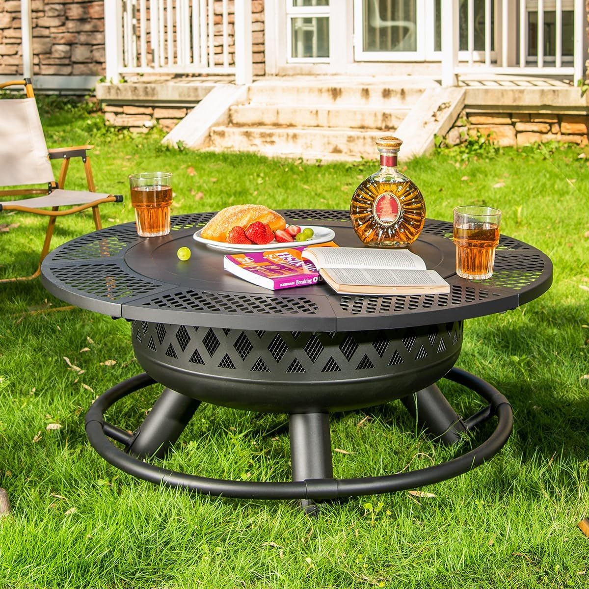 Panovue 36 Inch Fire Pit with Grill,Wood Burning Fire Pits for Outside with Lid& Fire Poker,Round Metal Firepit Table 3 in 1 with Cooking Grate,Outdoor Firepits for Yard Patio Bonfire Camping(Black)