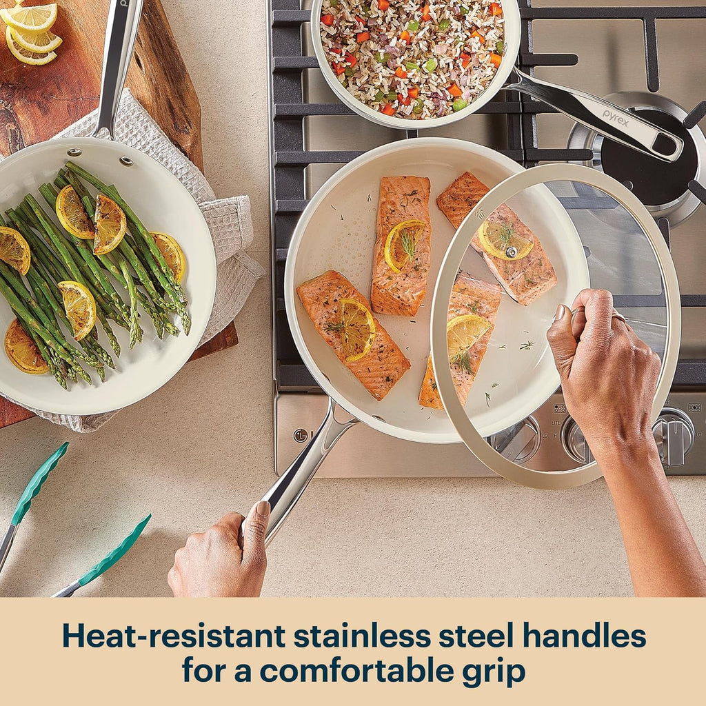 Pyrex 8-Piece Ceramic Cookware Set, Pots and Pans with Lids & Stainless Steel Handles, Healthy Nonstick Ceramic Coating, Induction Compatible Stainless Steel, PFAS Lead Cadmium BPA Free