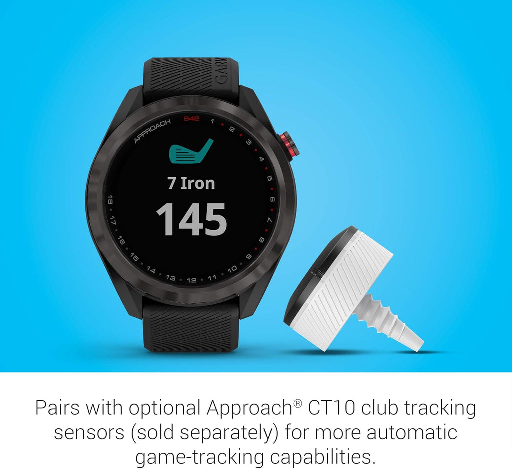 Garmin Approach S42, GPS Golf Smartwatch, Lightweight with 1.2" Touchscreen, 42k+ Preloaded Courses, Gunmetal Ceramic Bezel and Black Silicone Band, 010-02572-10