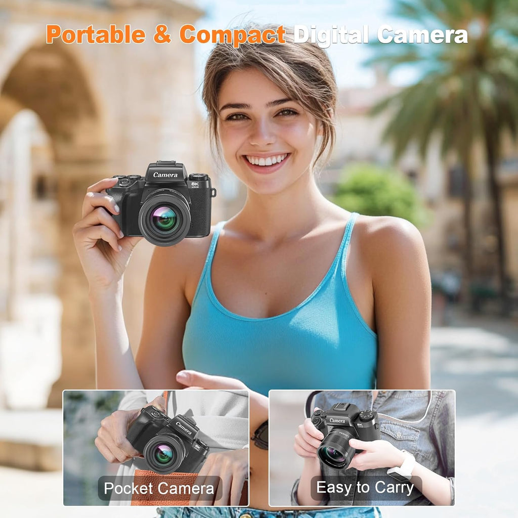 8K Digital Camera for Photography,64MP WiFi Dual-Lens Vlogging Camera for YouTube with 16X Digital Zoom,Flash,Touch Screen,32GB TF Card,Lens Hood,HDMI Output & 3000mAH Battery(Black)