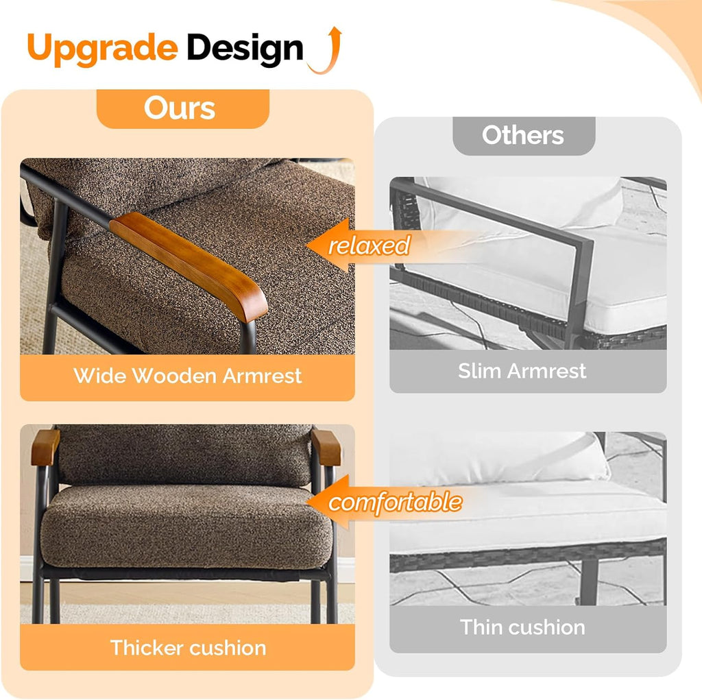 VINGLI Mid-Century Modern Accent Armchiars Set of 2 for Small Space, Small Comfy Upholstered Leisure Reading Chairs with Wood Armrests for Bedroom, Living Room, Waiting Room, Linen Expresso