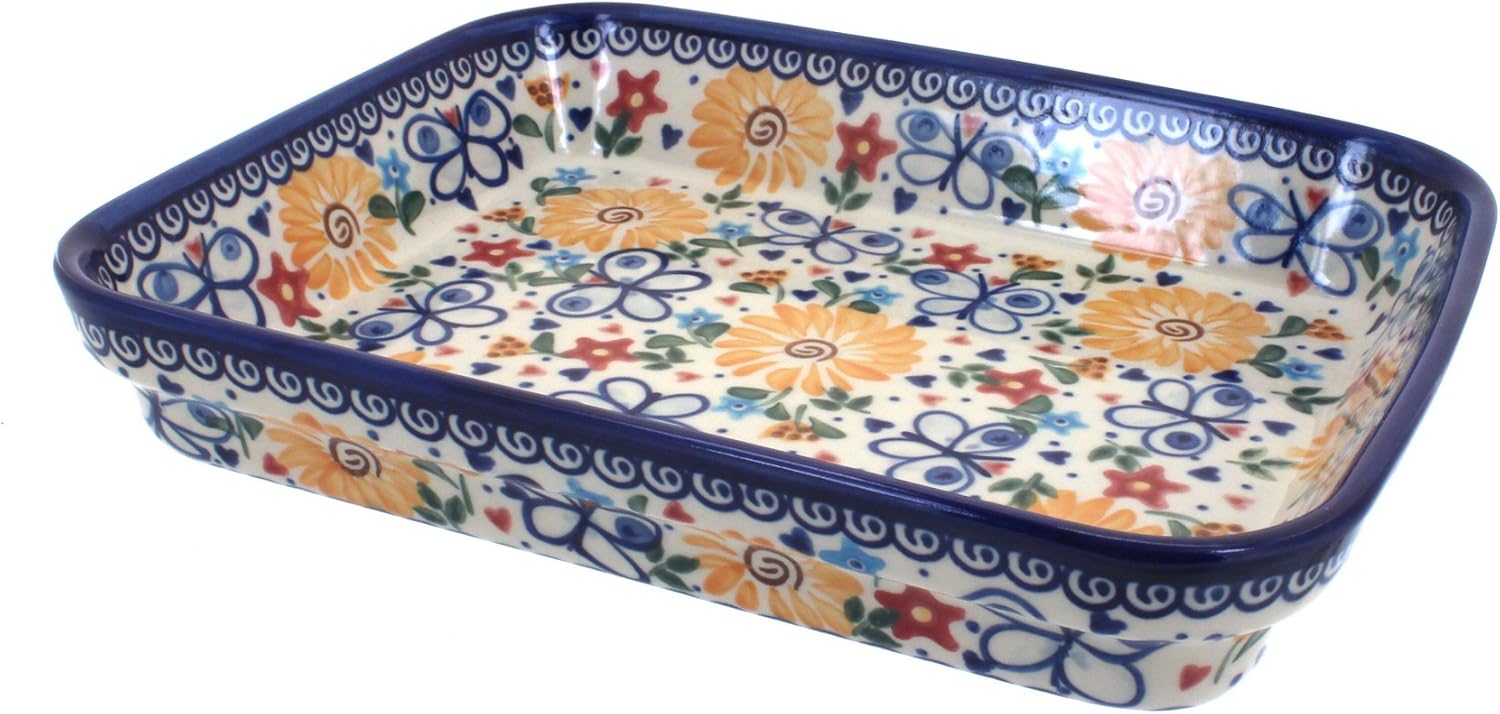 Blue Rose Polish Pottery - Yellow Butterfly Small Rectangular Baker - 10.25" x 8" - Unique, Dishwasher Safe, & Durable Bakeware