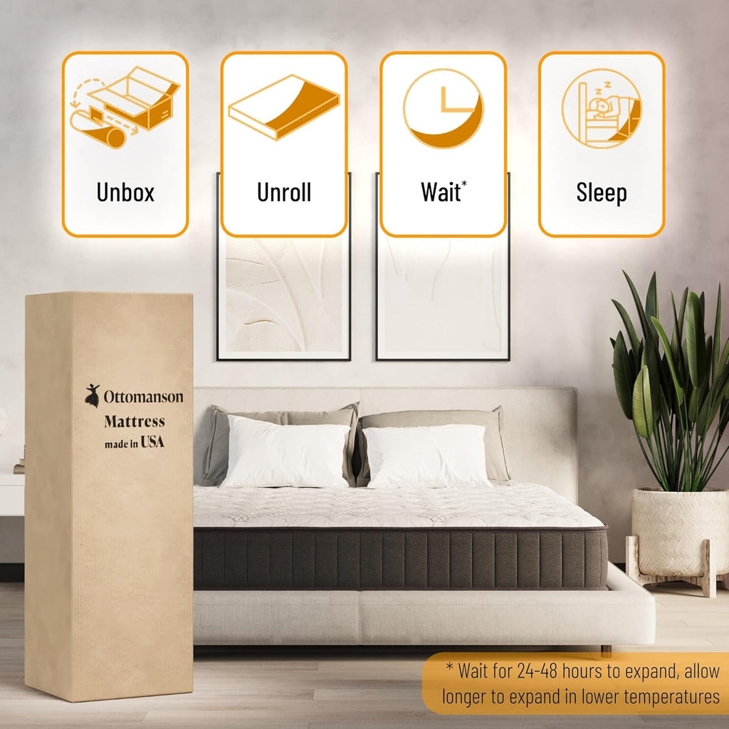 Ottomanson 9" Hybrid Twin Mattress - Firm - Made in USA - Individually Pocketed Coils & CertiPUR-US Foam - Fiberglass-Free - Bed in a Box
