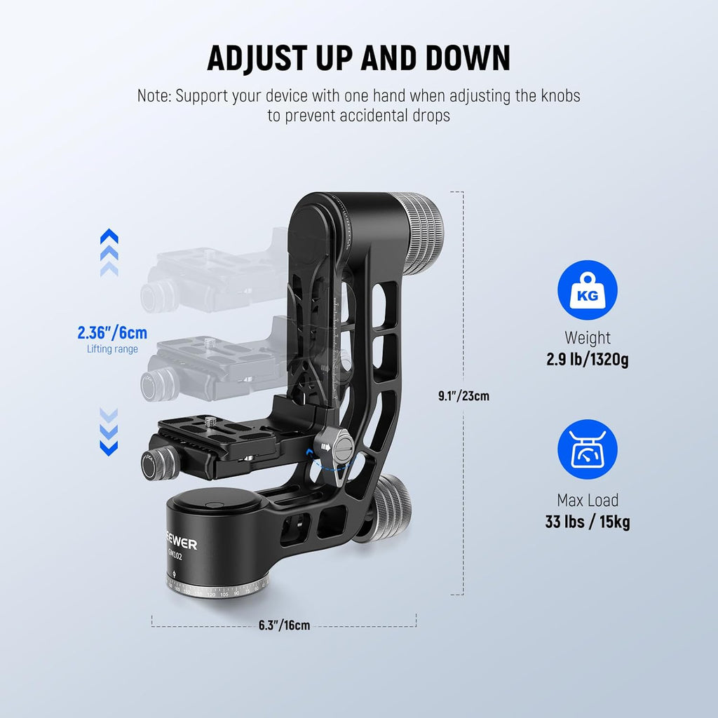 NEEWER GM102 Gimbal Head for Tripod Monopod Telephoto Lenses, 360° Panoramic Camera Tripod Head, 3 Axis Adjustment, Heavy Duty CNC Aluminum Alloy, Arca Type Quick Release System, Max Load 33lb/15kg