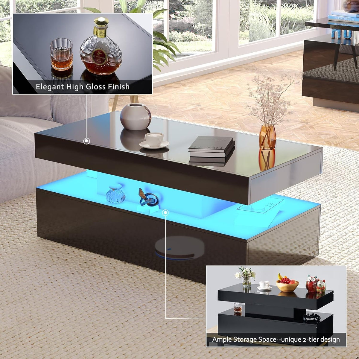 AMERLIFE 3 Piece Modern Living Room Table Set, Includes 80" High Gloss Fireplace TV Stand, 2-Tier Coffee Table, LED Lights Entertainment Center Set for Living Room, Black