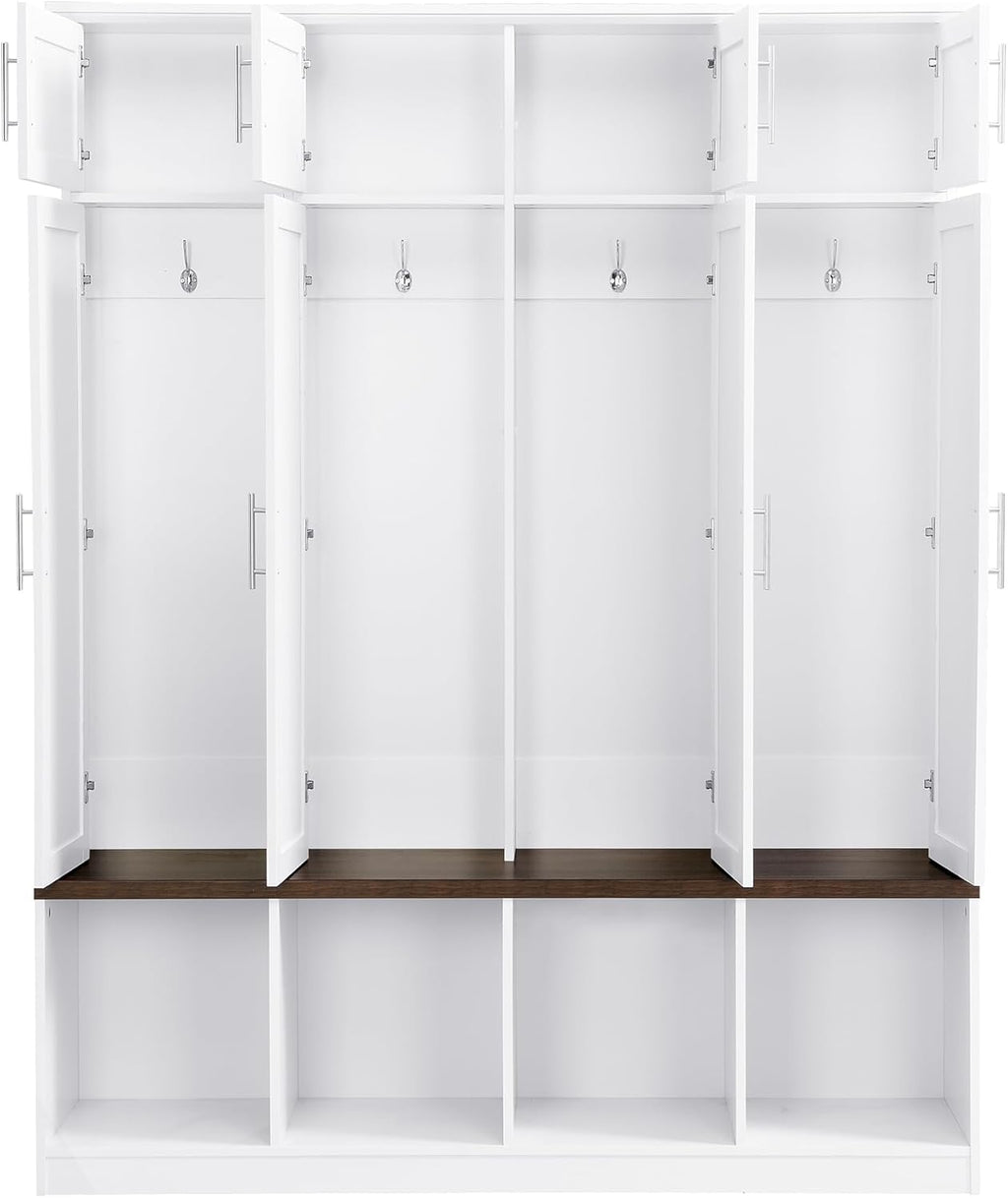 Versatile Hall Tree with 4 Hanging Hooks and Brown Wood Grain Bench,Entryway Cabinet with Open Compartments,for Hallway Entrance Mudroom Living Room (White#Storage)