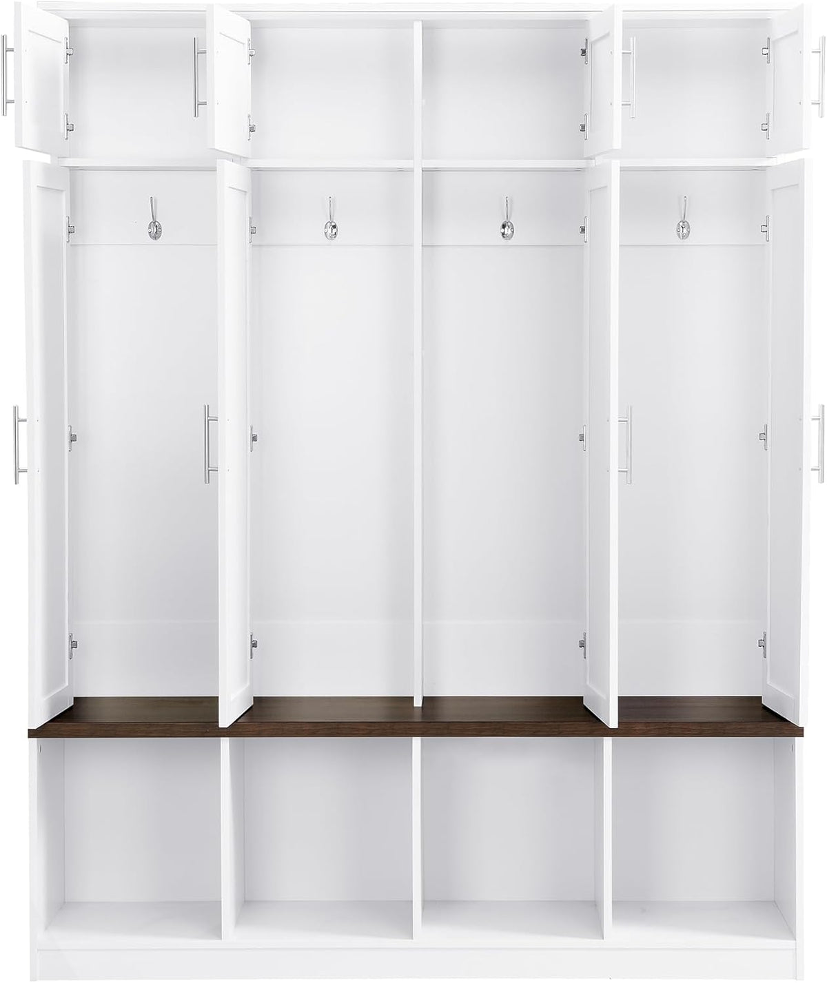 LUMISOL Wide Hall Tree with Storage Bench, Entryway Coat Rack with Open Compartments and 4 Hidden Hanging Hooks, Mudroom Entryway Bench with Shoe Storage, White