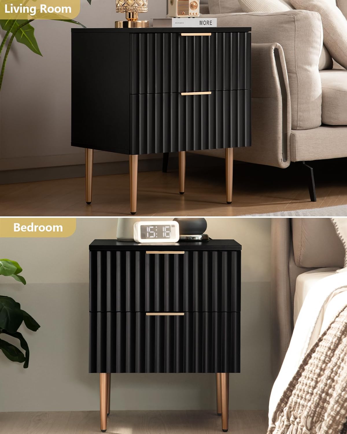 SICOTAS Black Night Stand Set 2, Fluted Glossy Nightstand with 2 Drawers, Wide Modern Storage Bedside Table for Bedroom, End Side Table with Golden Metal Legs and Handles (Black, 1 Piece)
