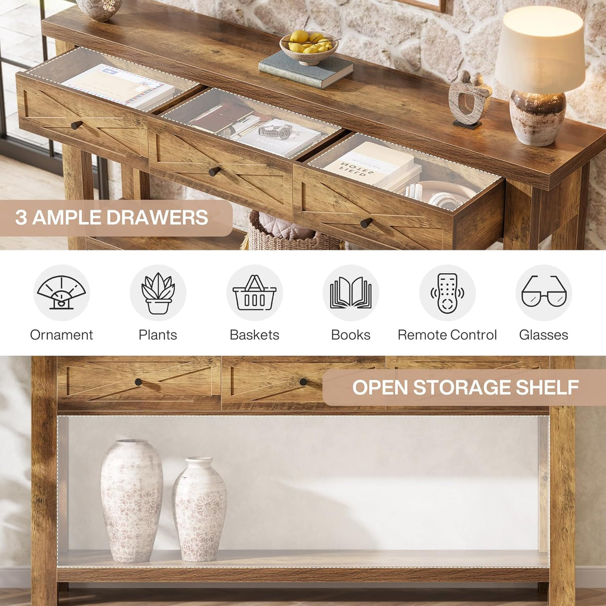 Tribesigns 70.9" Console Table with 3 Drawers, Extra Long Entryway Table for Living Room, Hallway, Narrow Sofa Table Behind Couch with Storage Shelf, Rustic Brown