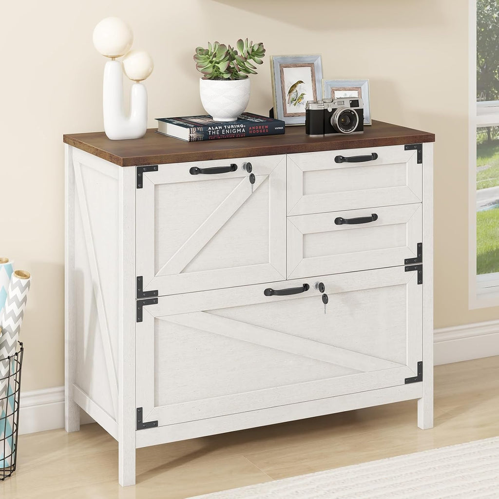 Halitaa Lateral File Cabinet with 4 Drawers, Farmhouse File Cabinet for Letter/Legal/A4 Size Hanging Files, Large Wood File Storage Cabinets Printer Stand for Home Office Cabinets, White with Lock