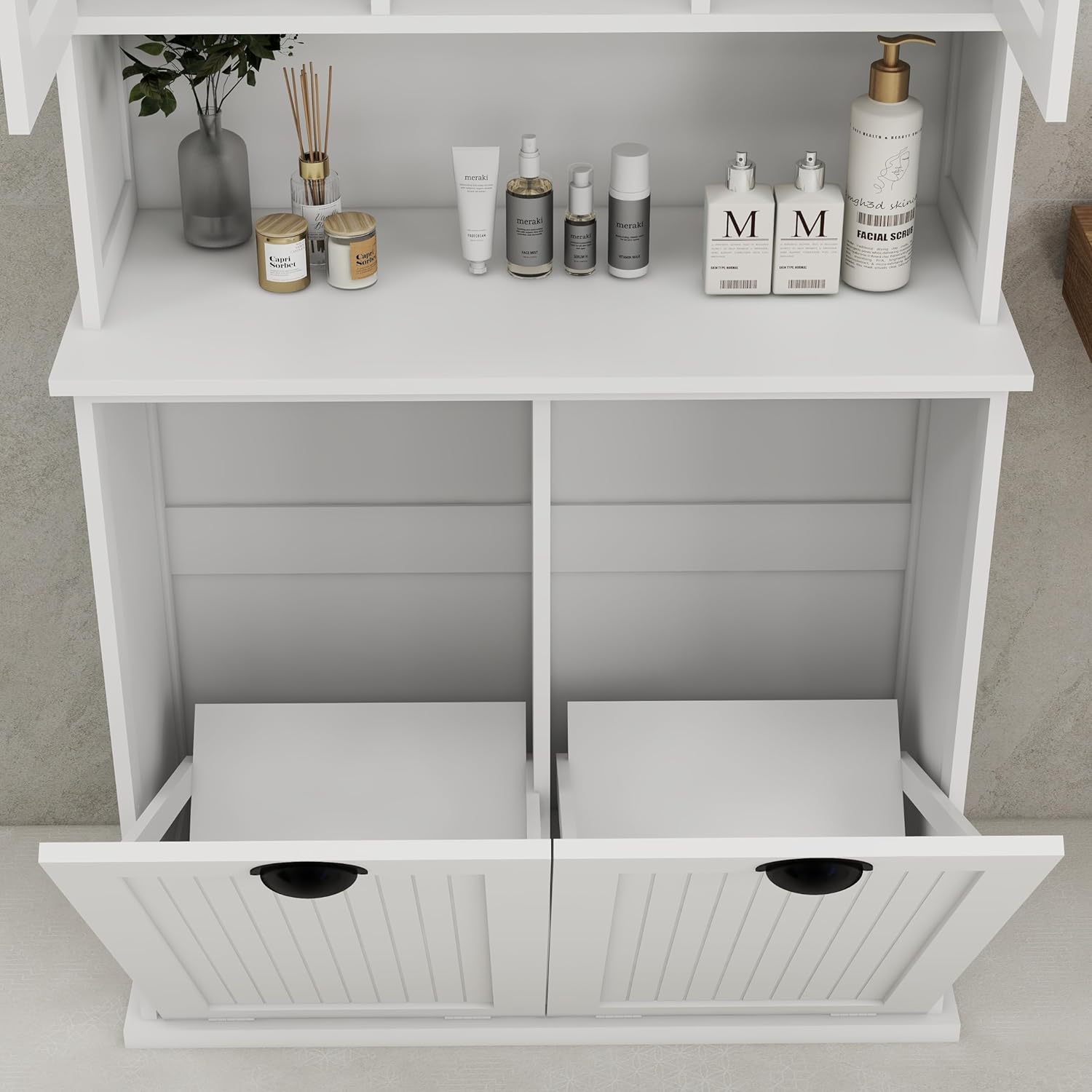 Tilt-Out Laundry Hamper Cabinet, 60-inch Tall Bathroom Cabinet with 2 Large Pull-Out Laundry Baskets, Glass Doors, and 2 Adjustable Shelves, Bathroom Organizer Cabinet for Laundry and Balcony, White