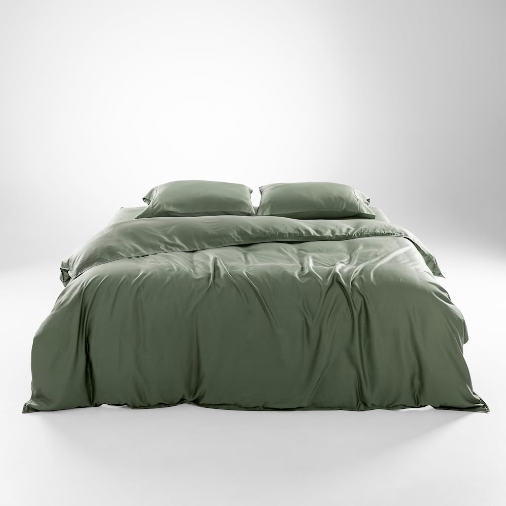 Olive + Crate Queen Size Tencel Duvet Cover Set - Hypoallergenic, Cooling Eucalyptus Duvet Cover for Hot Sleepers with Two Pillowcases - Moss 3-Piece