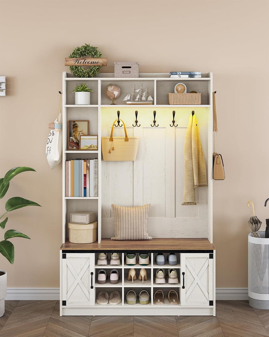 Hzuaneri 47.2" Hall Tree, LED Farmhouse Entryway Storage and Coat Rack Wood, Entryway Furniture with 7 Hooks, Hall Tree with Bench and Storage, 6 Storages Partitions Shoe Bench, Rustic White HT24514X