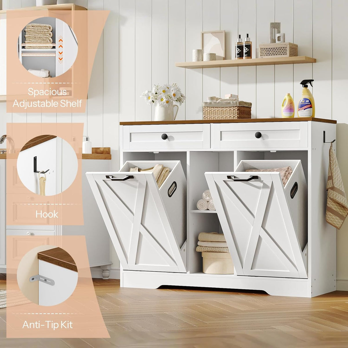 HOOBRO Double Tilt Out Laundry Hamper Cabinet, 23 Gallon Farmhouse Trash Can Cabinet with 2 Drawers and Open Shelving, Wooden Hidden Laundry Hamper, for Bathroom, Kitchen, White and Walnut WH11XY01