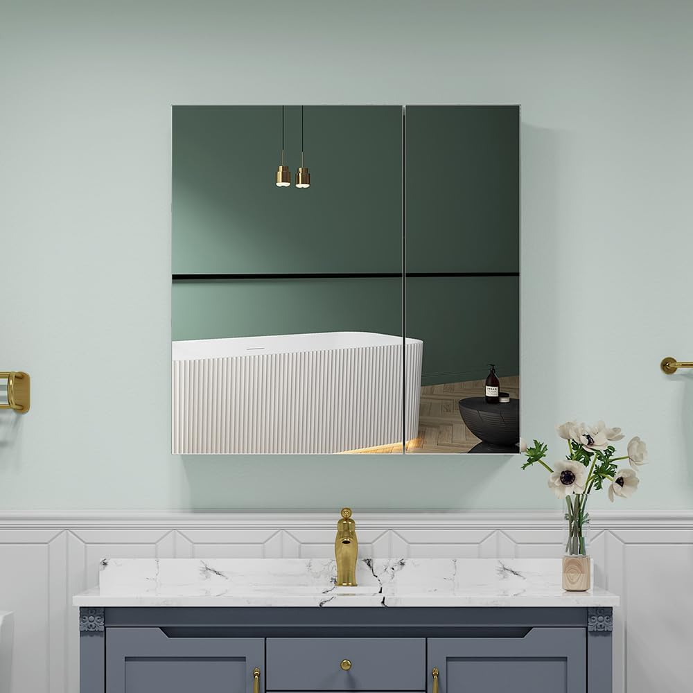 Quavikey Medicine Cabinet for Bathroom with Mirror 2 Doors Aluminum Surface Mount or Recessed Mirror Medicine Cabinet 30x30 Inch, Silver