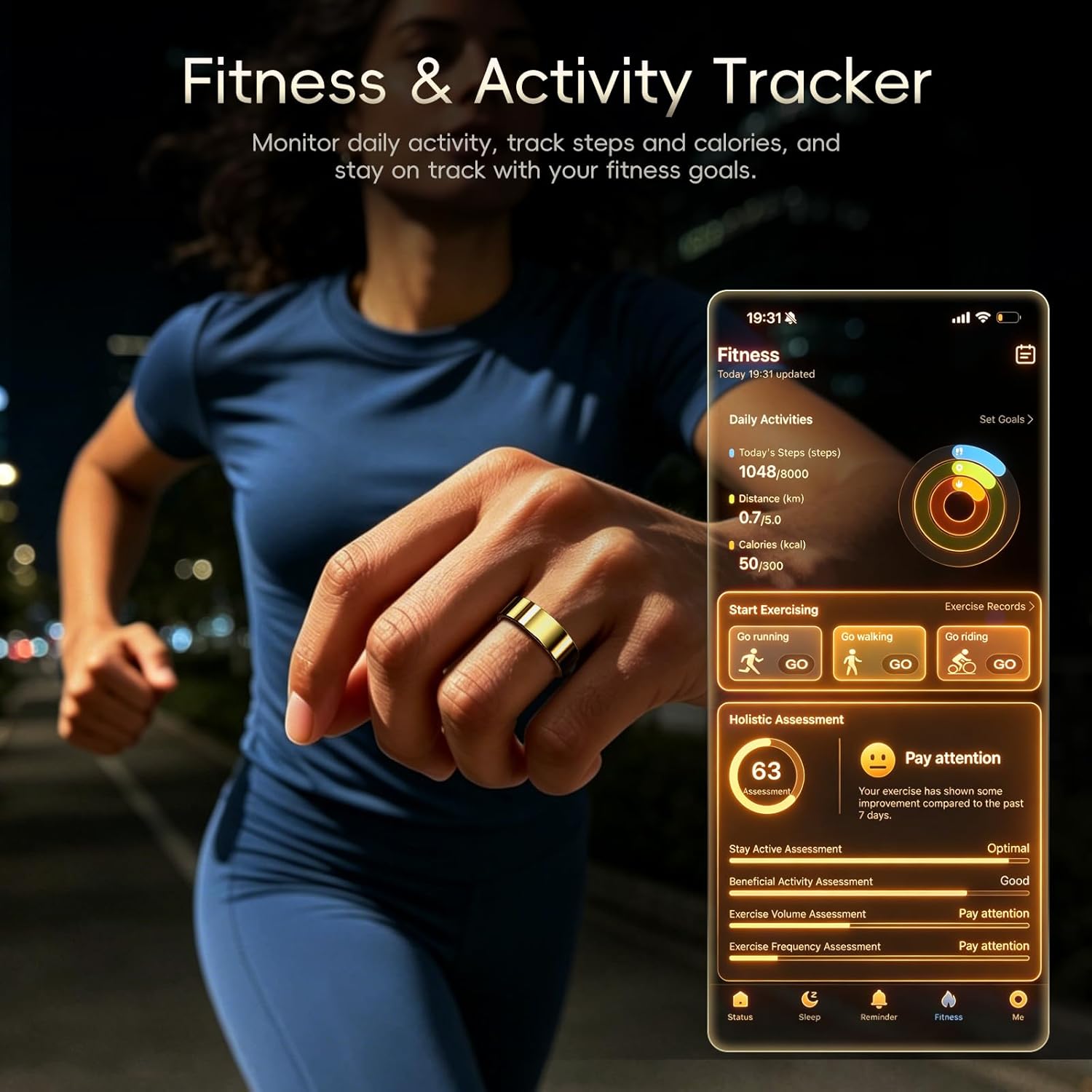 RQZ Smart Ring for Women Men, Fitness Tracker with Heart Rate Tracking, Sleep Tracking, Step Counter, Vibration Alert, 5ATM Waterproof, iOS Android Compatible, Gold Size 9