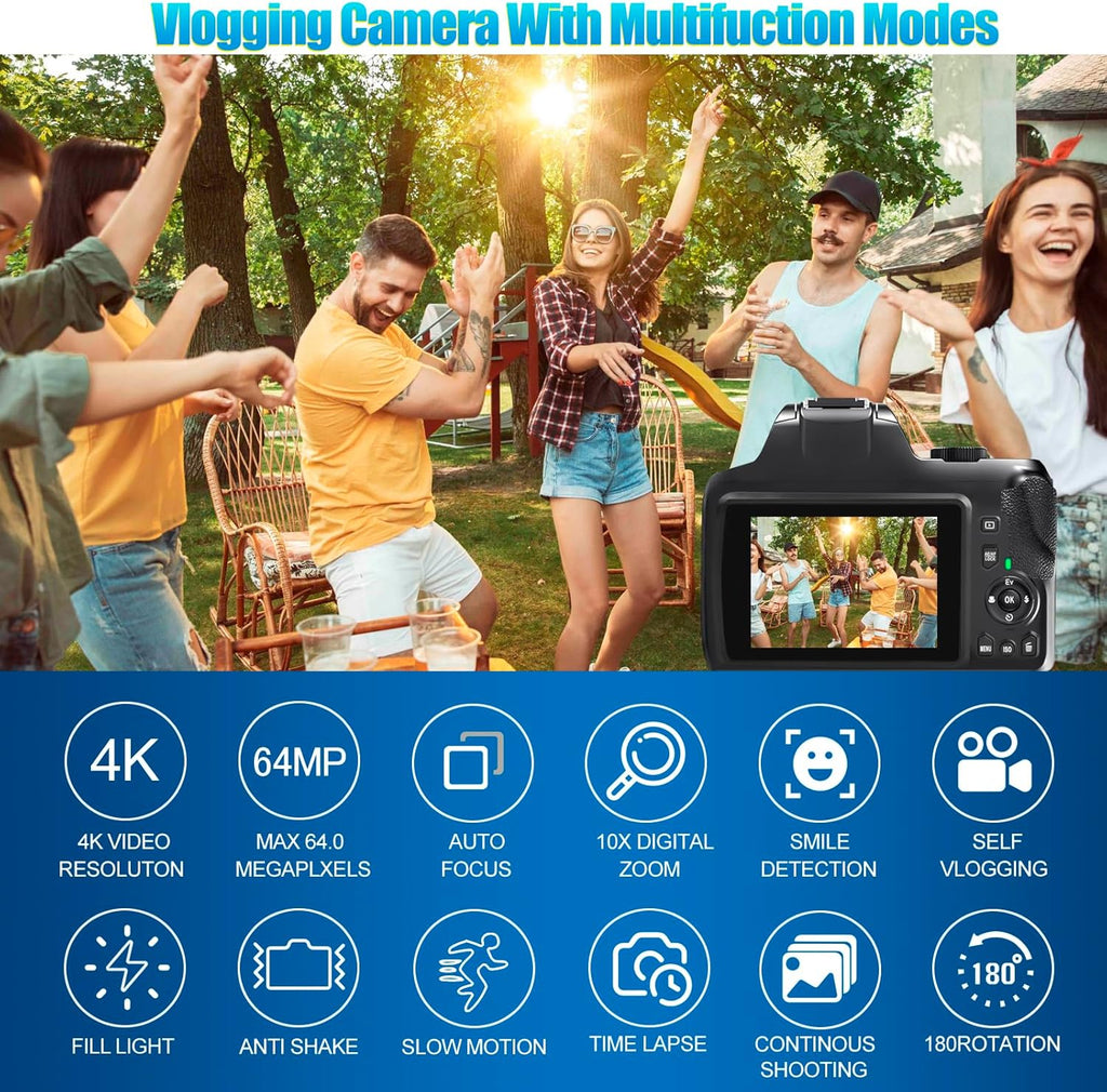 4K Digital Camera for Photography with WiFi, 10X Optical Zoom Vlogging Camera for YouTube 64MP Autofocus Compact Camera with 64GB SD Card 2 Batteries, USB Card Reader & Charging Stand Videorecorders