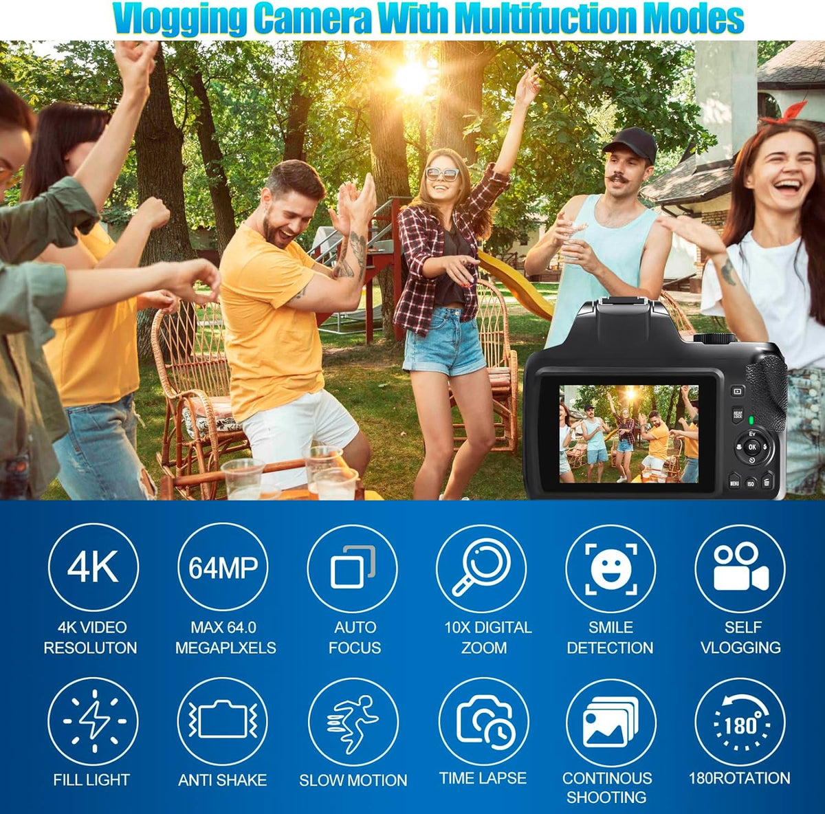 4K Digital Camera for Photography with WiFi, 10X Optical Zoom Vlogging Camera for YouTube 64MP Autofocus Compact Camera with 64GB SD Card 2 Batteries, USB Card Reader & Charging Stand Videorecorders