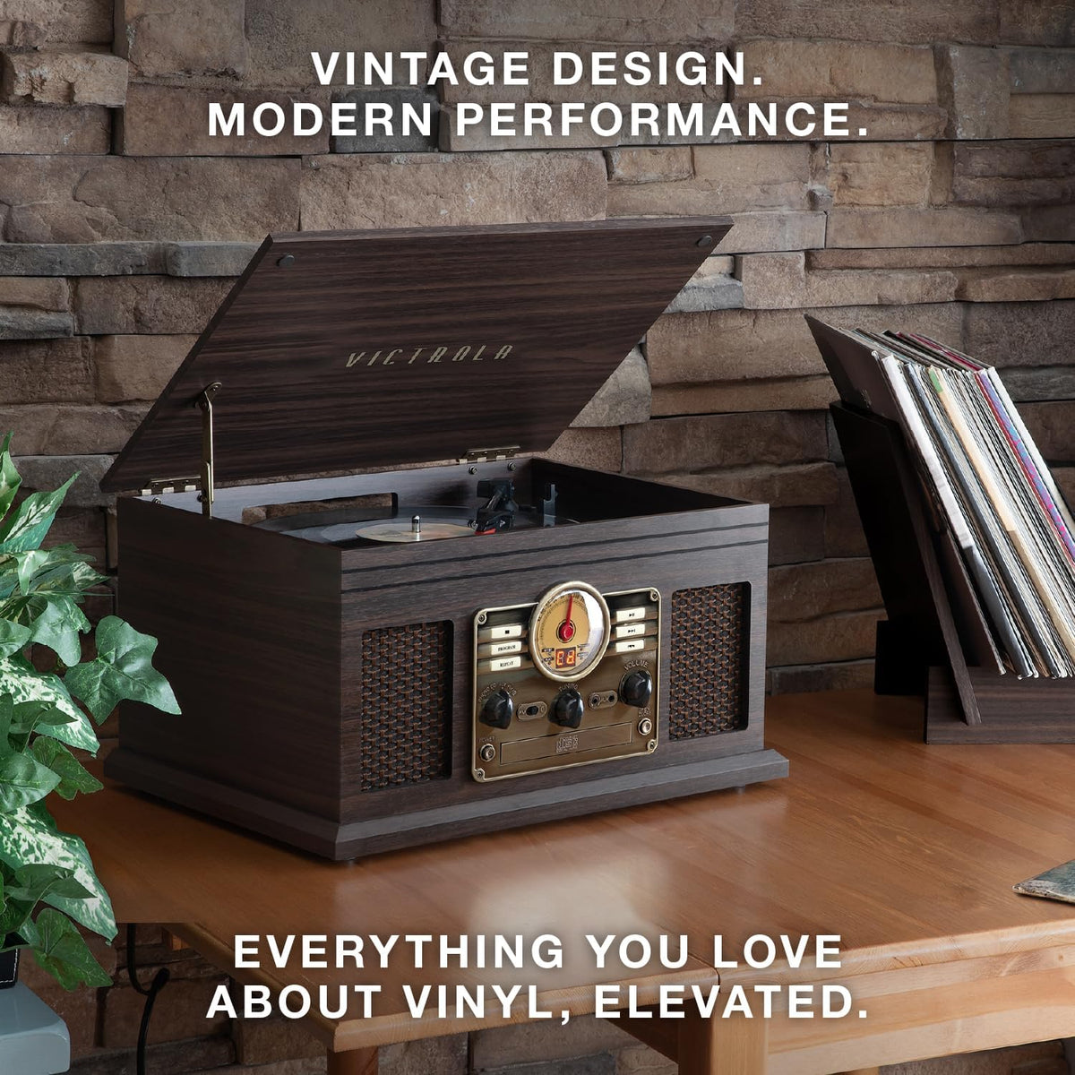 Victrola The Quincy 6-in-1 Bluetooth Record Player & Multimedia Center with Built-in Speakers – 3-Speed Turntable, CD & Cassette Player, FM Radio, Wireless Music Streaming (Espresso)