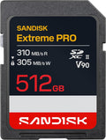 SANDISK 512GB Extreme PRO SD UHS-II V90 Memory Card - Up to 310MB/s Read speeds, up to 305MB/s Write speeds, 8K, IP68 Water and dust Resistant - SDSDXDE-512G-GN4IN