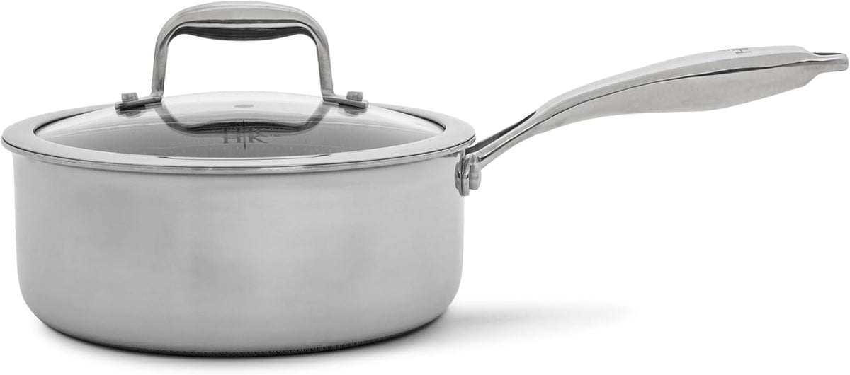 Hell's Kitchen Hybrid 2.5 Qt Saucepan + Lid, Tri-Clad Stainless Steel and Nonstick Ceramic, PFAS Free, no PFOA, no PTFE, no Teflon, Non Toxic Cookware, Metal Utensil Safe, All Cooktops and Oven Safe