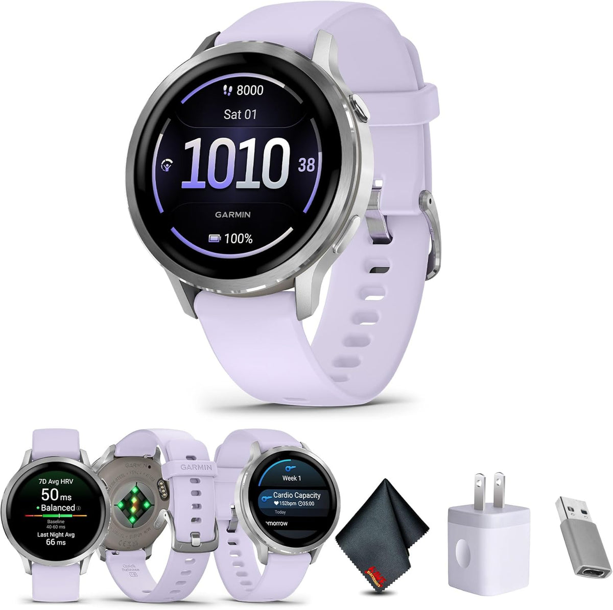 Garmin Venu 4, 41mm, Advanced Fitness Tracker GPS Smartwatch, 1.2" AMOLED Display, Built-in Flashlight, 10 Days of Battery Life, Silver with Periwinkle Silicone Band (Watch Bundle)