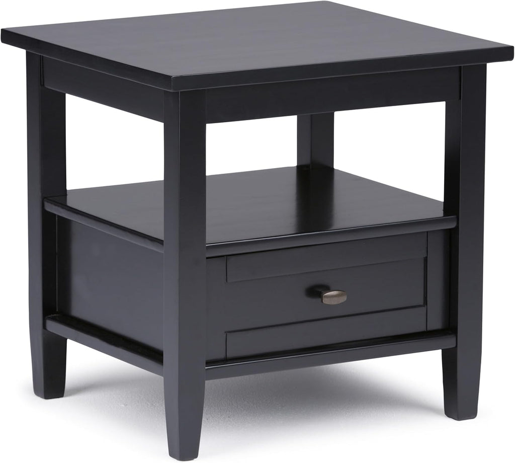 SIMPLIHOME Warm Shaker End Table - 20" Wide x 20" High Solid Wood Side Table in Black, Transitional Accent Table for Living Room or Bedroom with Drawer, Open Shelf and Square Tapered Legs