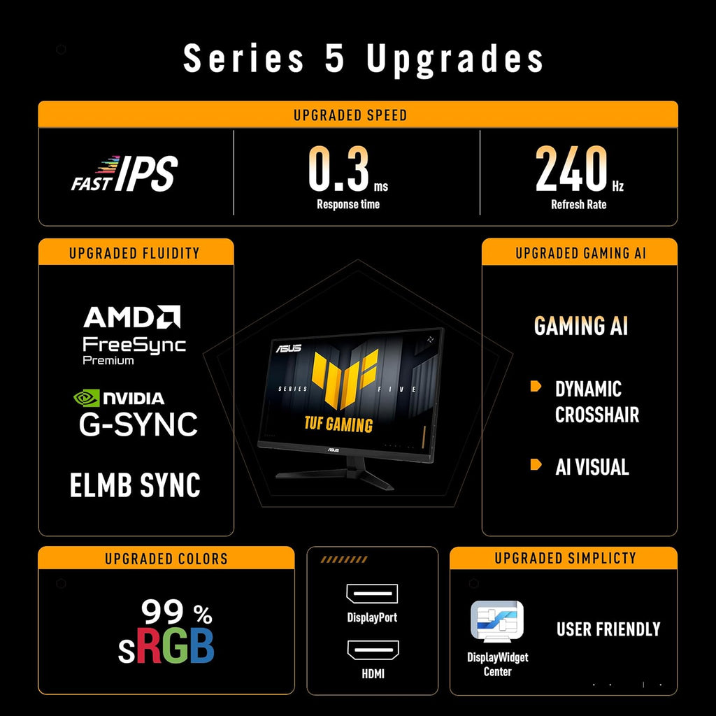 ASUS TUF Gaming Series 5 24.5” 1080P Monitor (VG259QM5A) – Full HD, Fast-IPS, 240Hz, 0.3ms, G-SYNC Compatible, FreeSync Premium, 99% sRGB, DisplayWidget, Gaming AI, 3 yr Warranty