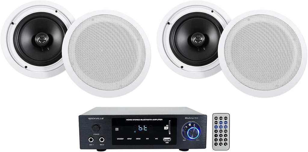 Rockville BLUAMP 150 Bundle: Home Stereo Bluetooth Amplifier Receiver Optical Phono RCA, (4) HC85 8 in 700-Watt in-Ceiling Home Theater Speakers 8 Ohm, 5-Items
