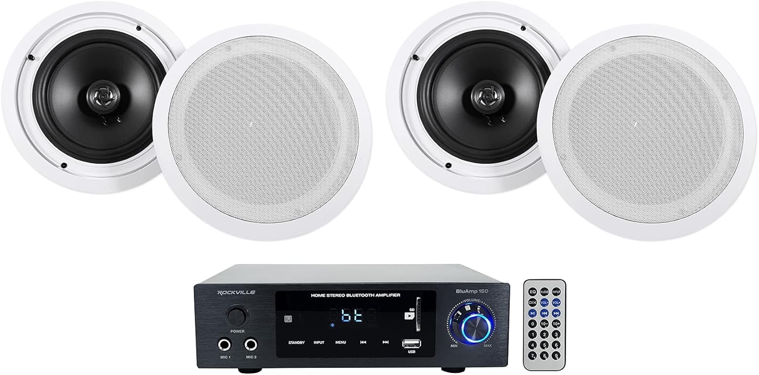 Rockville BLUAMP 150 Bundle: Home Stereo Bluetooth Amplifier Receiver Optical Phono RCA, (4) HC85 8 in 700-Watt in-Ceiling Home Theater Speakers 8 Ohm, 5-Items