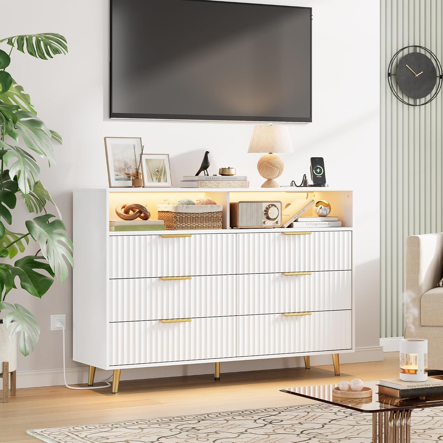 IDEALHOUSE 6 Drawer Fluted Dresser for Bedroom, 47.2" Wide Modern Chest of Drawers with Metal Handles, Wooden TV Stand, Storage Organizer for Closet, Living Room, Hallway, White