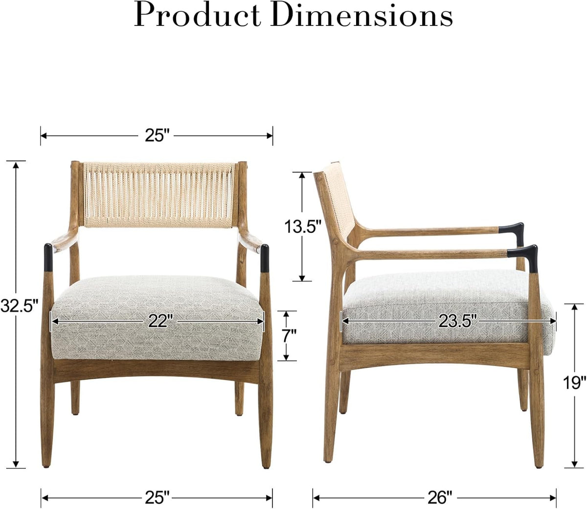 Ya-Home Mid-Century Modern Accent Chairs with Woven Rope Back, Upholstered Linen Fabric Armchairs with Solid Wood Frame for Living Room Bedroom, 2PCS, Patterned