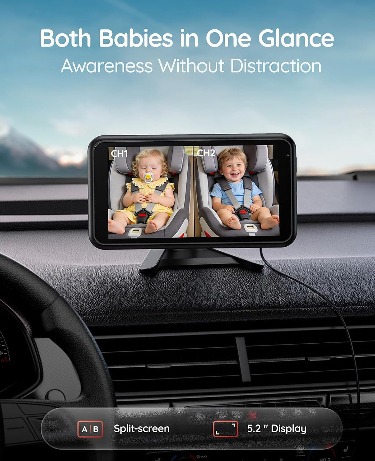 Babyvue BV6PRO Wireless Dual Car Camera Baby Monitor Fast Setup, HD1080P Spilt-Screen Baby Car Monitor for 2 Kids, Auto IR Night Vision Backseat Camera for Newborns Gift