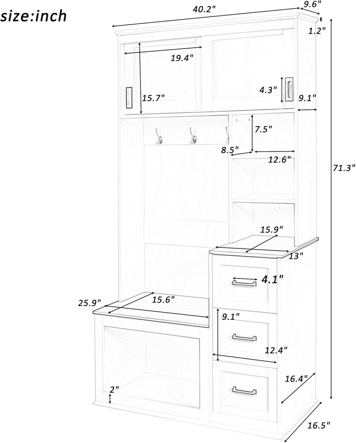 40.2" W Hall Tree with Bench and Shoe Storage, Modern Entryway Bench with 3 Hooks, 3 Shelves and Drawers for Living Room, Hallway, Entryway, White