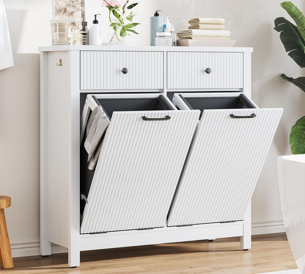 Airynee Double Tilt-Out Laundry Hamper Cabinet with 2 Drawers, 20 Gallon Fluted Trash Can Cabinet with Laundry Basket, Hidden Wood Garbage Can Bin Cabinets for Bathroom & Kitchen, White