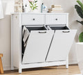 Airynee Double Tilt-Out Laundry Hamper Cabinet with 2 Drawers, 20 Gallon Fluted Trash Can Cabinet with Laundry Basket, Hidden Wood Garbage Can Bin Cabinets for Bathroom & Kitchen, White